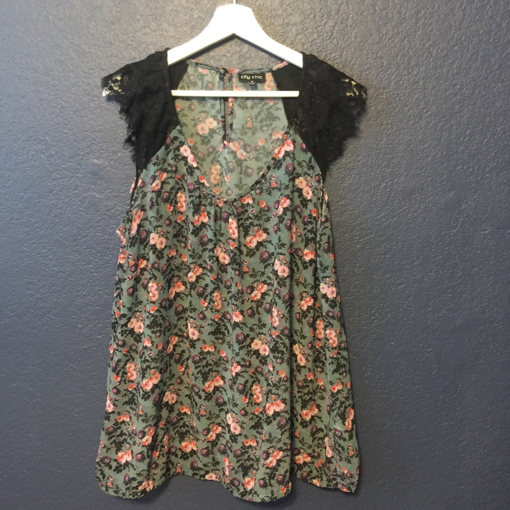 CITY CHIC Floral Print Blouse with Lace Detail